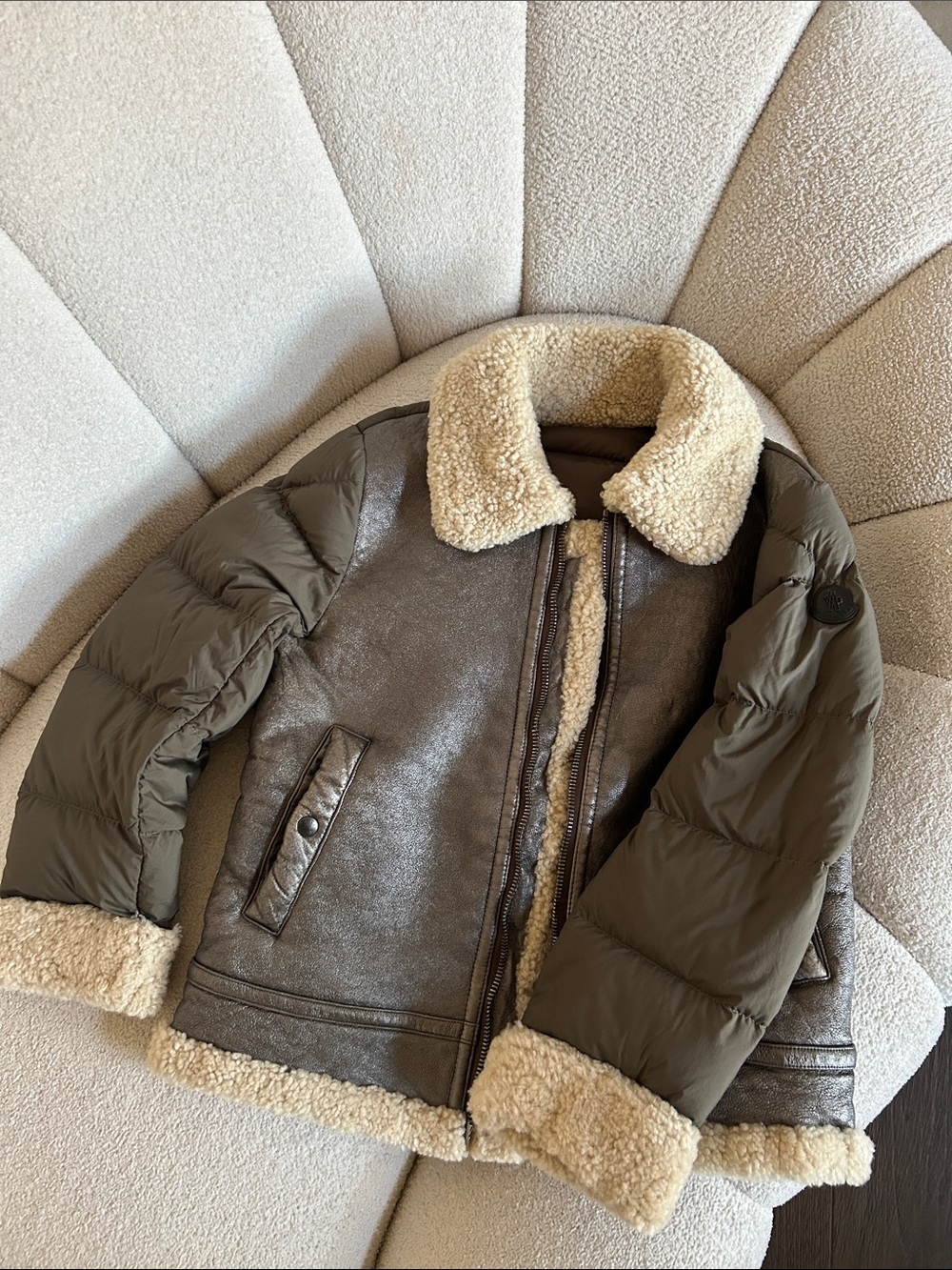 Moncler Olive Green & Metallic Silver Shearling-Trim Puffer Jacket